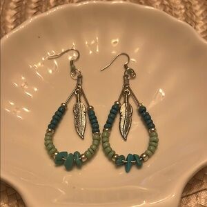 Southwestern Style Silver & Blue Feather Dangle Teardrop Earrings